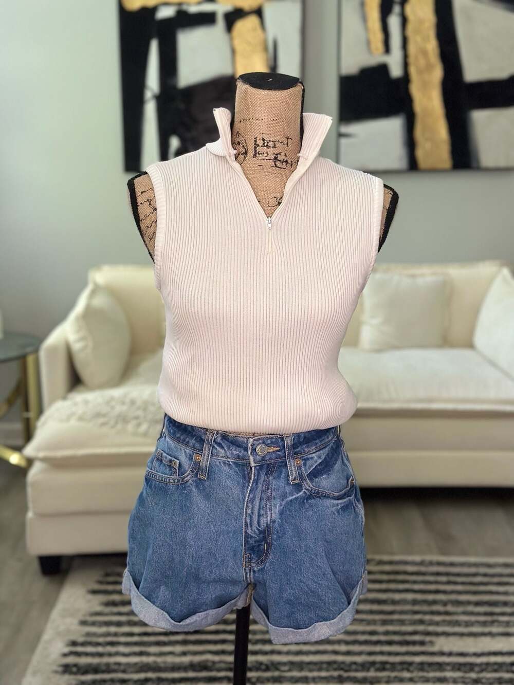 Quarter Zip Ribbed Sleeveless Knit Sweater Vest
